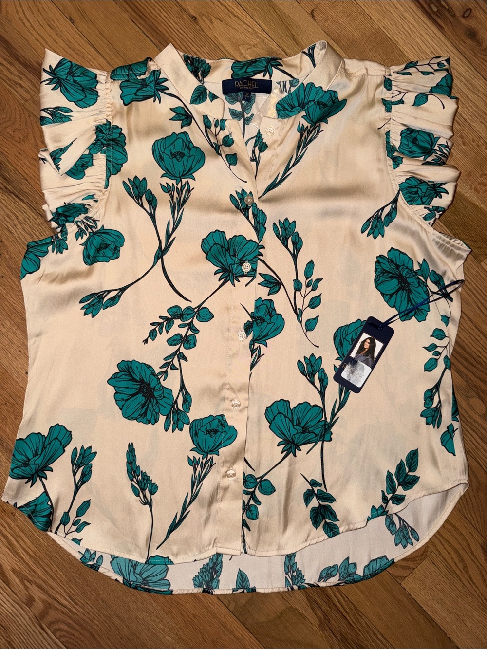 RACHEL Rachel Roy Teal Floral Ruffle Sleeve Blouse on Cream Base Size L NWT